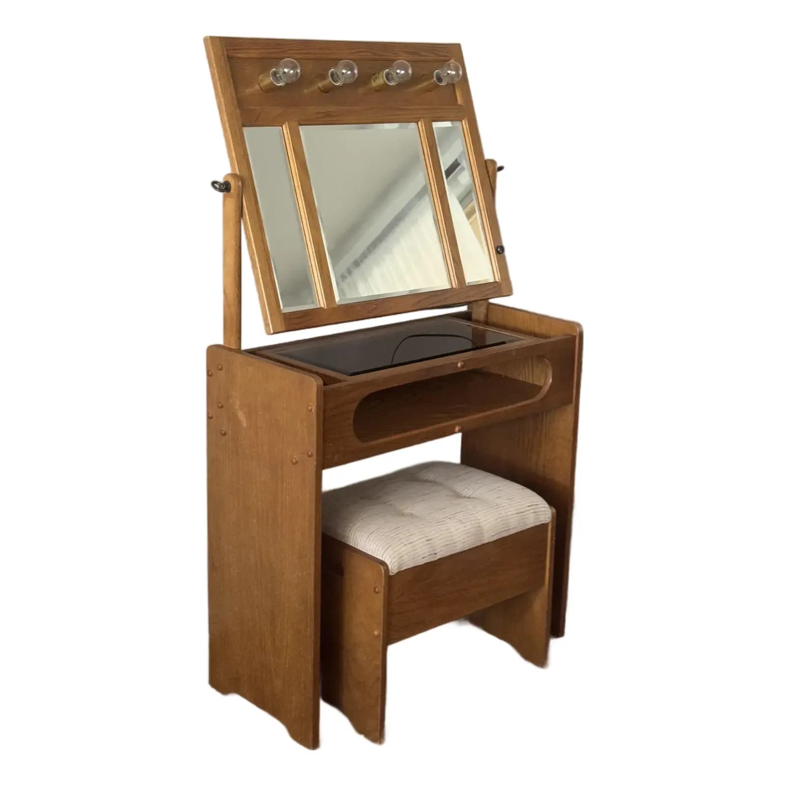 Oak Lighted Vanity and Bench